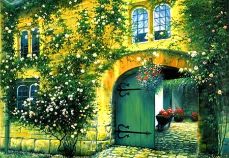 House covered with flowers - nice, cottage, roses, countryside, painting, home, pretty, house, rustic, gate, summer, lovely, village, covered, beautiful, door, stones, flowers, cabin