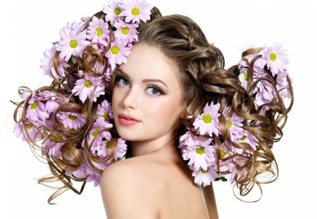 Spring Woman - glamour, female, femininity, magic, daisy, models, beauty, spring, lovely, hair, flowers, face