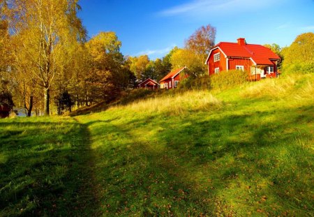 Lake village - pretty, quiet, summer, cabin, grass, calmness, path, countryside, fresh, view, lake, nice, cottage, sky, house, greenery, trees, beautiful, slope, lovely, rustic, village, colorful, nature, green, serenity, peaceful