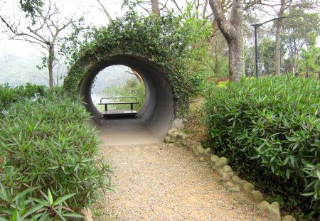 cement hole viewing seat - cement hole, greenroofs, plants, viewing seat, lake