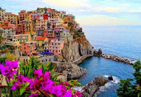 Beautiful View - flowers, clouds, nature, Italy, sea, architecture, Italia, sky