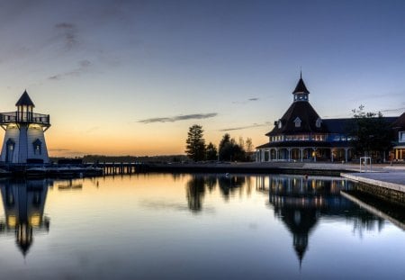 beautiful harbor at sundown - boats, harbor, stores, sundown