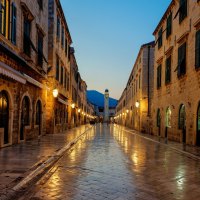 side street after rain at dusk