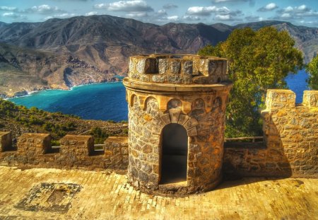 fortress wall over the bay hdr - turret, brick, hdr, mountains, wall, bay