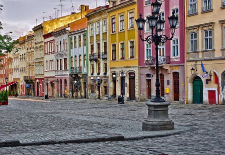 old town street with colorful facades hdr - cobblestones, england, street, houses, popular, facades, colorful, wallpaper, buildings, stores, cityscapes, lamps, architecture