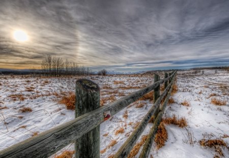 winter sky over the plains hdr - clouds, winter, hdr, plains, fence, sky