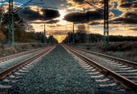 amazing straight train tracks hdr - clouds, tracks, reeds, hdr, pebbles, trai