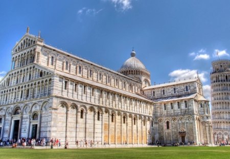 cathedral and leaning tower of pisa hdr - visitors, cathedral, hdr, tower, grass, leaning