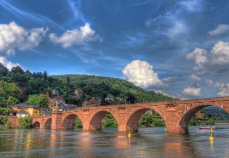 lovely red brick bridge hdr - village, brick, hills, river, arches, hdr, bridge