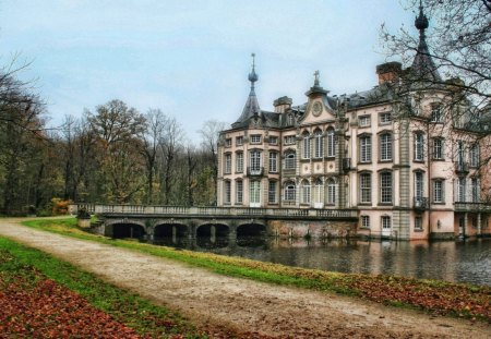 gorgeous bridged palace  - lake, trees, bridge, road, palace