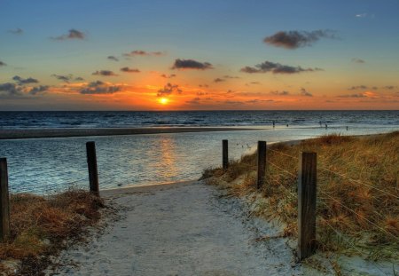 wonderful sunset - sea, sunset, beach, walkway