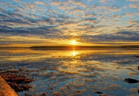 fantastic sunrise reflected in lake - lake, sunrise, reflection, clouds