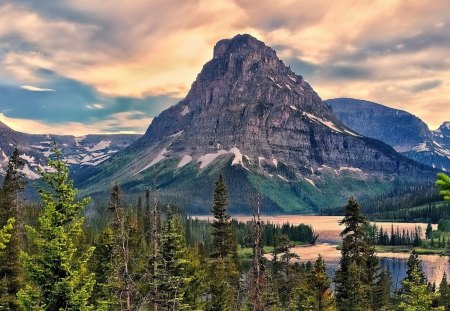 majestic mountain landscape hdr - mountans, forests, clouds, river, hdr