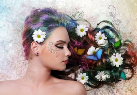 Nature Hair - flowers, lady, fantasy, hair