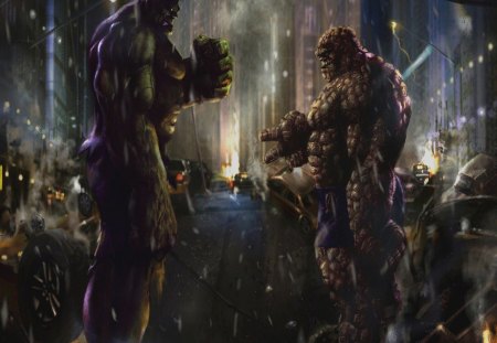 Hulk vs The Thing - hulk, fight, city, thing, marvel