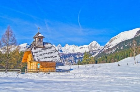 Winter chapel - new year, cottage, meet, magic, countryside, cold, holiday, frozen, snowy, little, fence, light, park, snowflakes, deer, forest, snow, beautiful, frost, cabin, nice, sky, trees, painting, home, pretty, mood, house, care, alleys, tree, ice, girl, winter, yard, lovely, christmas, village, kindness, roe