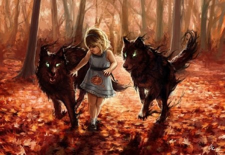 Playing With Friends - wolves, autumn, woods, girl, fantasy