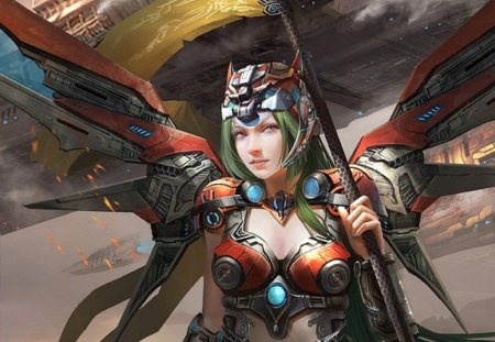 Metal Wing - anime, female, warrior, wing, angel, green hair, armor, short hair, metal, weapon, anime girl, realistic, hot, girl, cg, fantasy, wings, cute, 3d, sexy