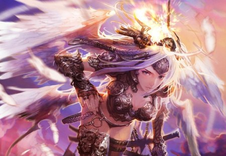 Warrior Angel - anime, female, warrior, wing, angel, light, armor, halo, weapon, sky, anime girl, hot, girl, sword, feather, blade, glow, fantasy, wings, cute, sexy