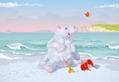 Hippo at the beach - beach, summer, cute, hippo