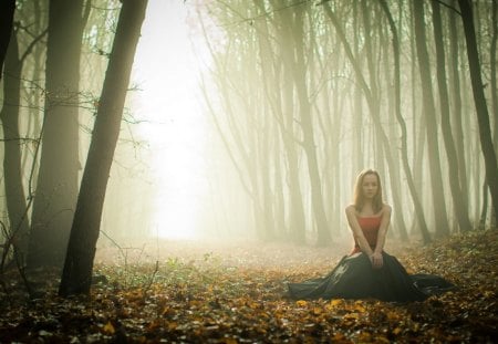 Left outside alone - forest, loneliness, trees, girl, dress