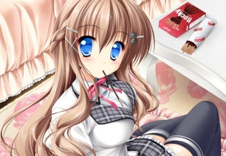 I Love Rocky - snack, anime, anime girl, female, hot, food, girl, brown hair, bedroom, long hair, eat, rocky, bed, cute, sexy, blue eyes