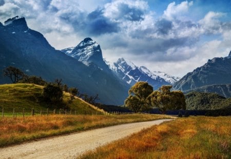 lovely road in the valley - mountains, valley, road, clouds