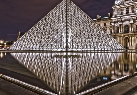 the louvre museum glass pyramid hdr - pyramid, pool, museum, hdr, glass