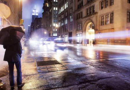 rain on a nyc avenue at night - rain, city, night, avenue, lights