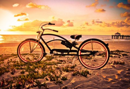 vintage bicycle on a beach at sunset - bicycle, sunset, beach, pier