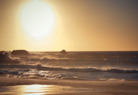 giant sunset on the beach - rocks, beach, sunset, sea, sun, waves