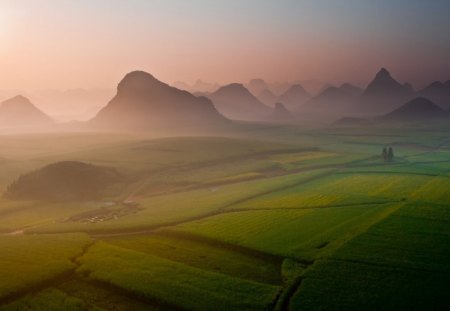 morning mist on fields in china - morning, field, hills, mist