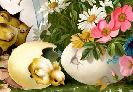 Easter Happening - chick, easter, colorful, spring, eggs, chicken, holiday, flowers, daisies