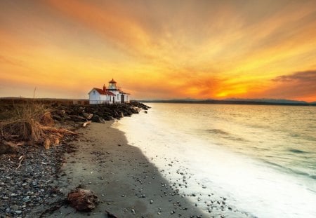 awesome sunset over lighthouse - lighthouse, rocks, beach, sunset, sea