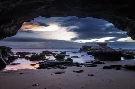 amazing beach cave - beach, cave, rocks, clouds