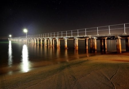 cement pier in the under the stars - pier, stars, cement, night, sea, lights