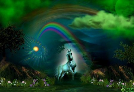 Saint Patty's Fantasy - Unicorns, SaintPatricksDay, Green, Rainbows, Holidays, Rivers