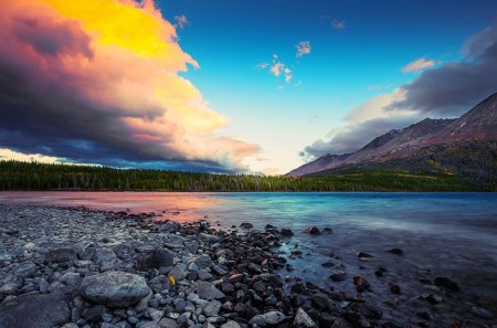 magnificent nature landscape hdr - lake, mountains, clouds, stones, sunset, nature, mountain, hdr