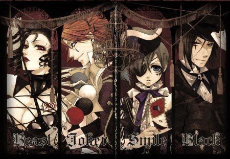 Noah's Ark Circus - Joker, Ciel, Black, Smile, Ciel Phantomhive, Kuroshitsuji, Sebastian, Beast, Sebastian Michaelis, Black Butler