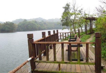 Take a rest beside the lake - mist, tranquil, wooden chairs, lake, peaceful, take a seat