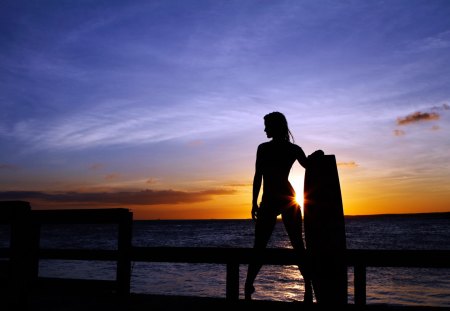 Sunset- woman - woman, board, sunset, sea