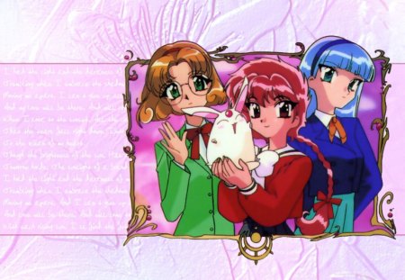 Magic Knight Rayearth - Mokona, anime, Hikaru Shidou, Umi Ryuuzaki, Fuu Hououji, colorful, fantasy, cute, Magic Knight Rayearth, friends