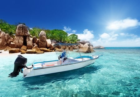 Paradise - summer, boat, beautiful, beach, view, nature, tropical beach, exotic, paradise, tropical, summer time, rays, beauty, sun, peaceful, sky, sand, sunny, sunrays, sunlight, clouds, lovely, splendor, boats