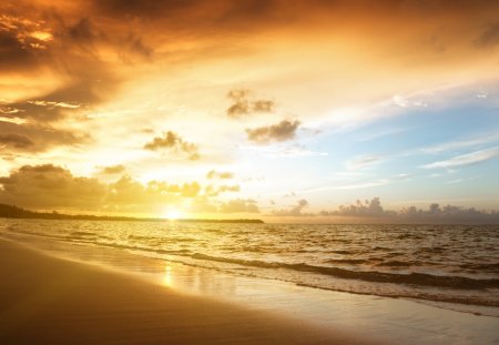 Sunset - summer, beach, splendor, sand, view, ocean waves, exotic, paradise, sky, sun, clouds, beautiful, sea, summer time, beauty, lovely, ocean, nature, sunset, tropical, waves, tropical beach, peaceful