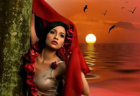 Red Sunset - women, nature, red, colors, flowers