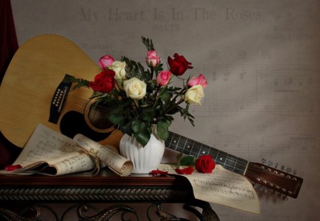 Still Life - beauty, musical notes, guitar, roses, photography, music, rose, lovely, still life, white roses, nature, petals, beautiful, flowers, red roses