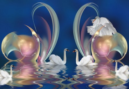 Artistic animals - swan, pattern, animals, artistic, reflection, lines, abstract