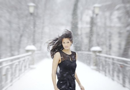 Beautiful girl - woman, girl, cold, snow, beautiful, winter, beautiful girl, bridge