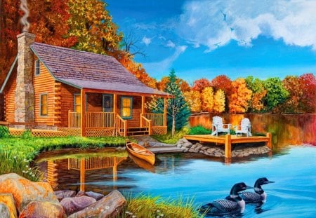 Place for rest - relax, pretty, summer, flowers, swans, countryside, place, nice, house, stones, river, serenity, retreat, quiet, cabin, boat, chairs, grass, forest, calmness, shore, waters, lake, sky, cottage, trees, beautiful, lovely, rest, getaway, colorful, wooden, painting, ducks, peaceful