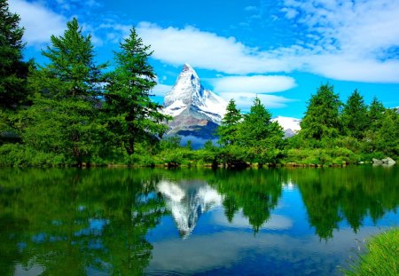 Tranquility - pretty, quiet, summer, spring, reflection, mountain, calmness, shore, peak, lake, nice, sky, clouds, trees, water, beautiful, snowy, pond, lovely, river, nature, tranquility, green, serenity